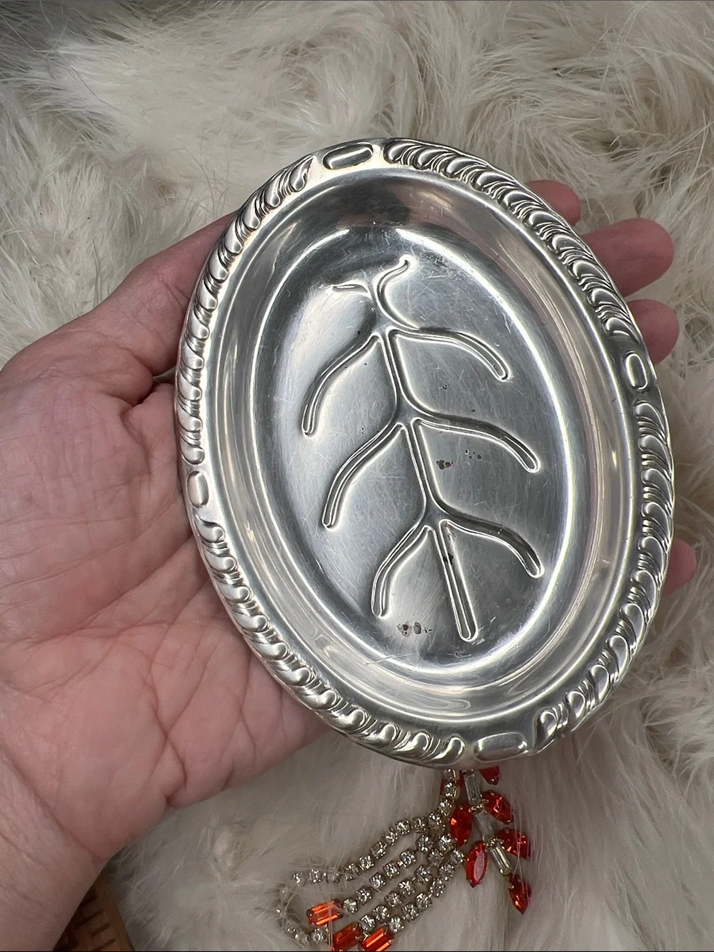 Vintage Antique Silver Plated Oval Decorative Tray with Leaf Motif Jewelry Tray